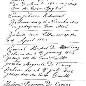 DE CONENG Pieter Cornels, geboren 1820 en Sara Johanna ODENDAAL, geboren 1821, gehuid 1843
