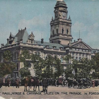City Hall, Horse and Carraige sales on the Parade in foreground, Cape Town, postal cancellation 1919