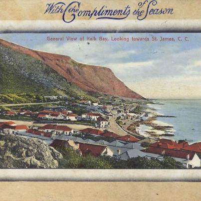 General view of Kalk Bay, looking towards St James, Cape Colony, postal cancellation 1902