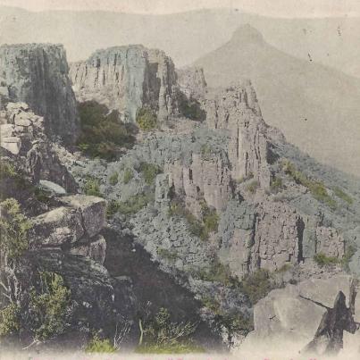 Valley of Desolation (Graaff-Reinet), showing Spandau Kop, postal cancellation 1904