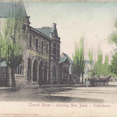 Church Street showing New Bank Oudtshoorn, postal cancellation at Grahamstown on 27.8.1906