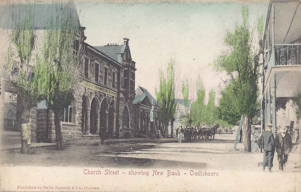 Church Street showing New Bank Oudtshoorn, postal cancellation at Grahamstown on 27.8.1906
