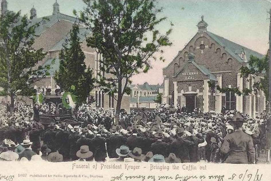 Funeral of President Kruger, Bringing the coffin out of the Susanna Zaal, postal cancellation 1905