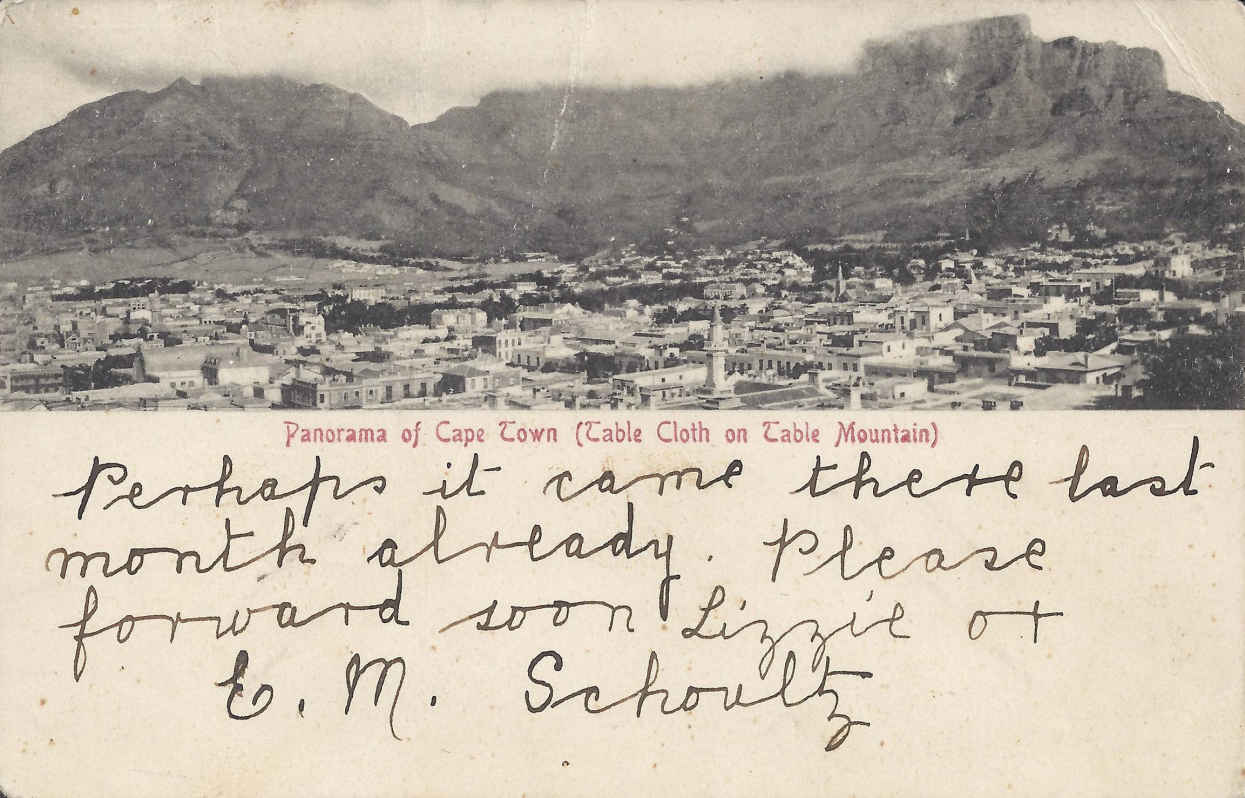 Panorama of Cape Town, Table Cloth on Table Mountain, postal cancellation 1906