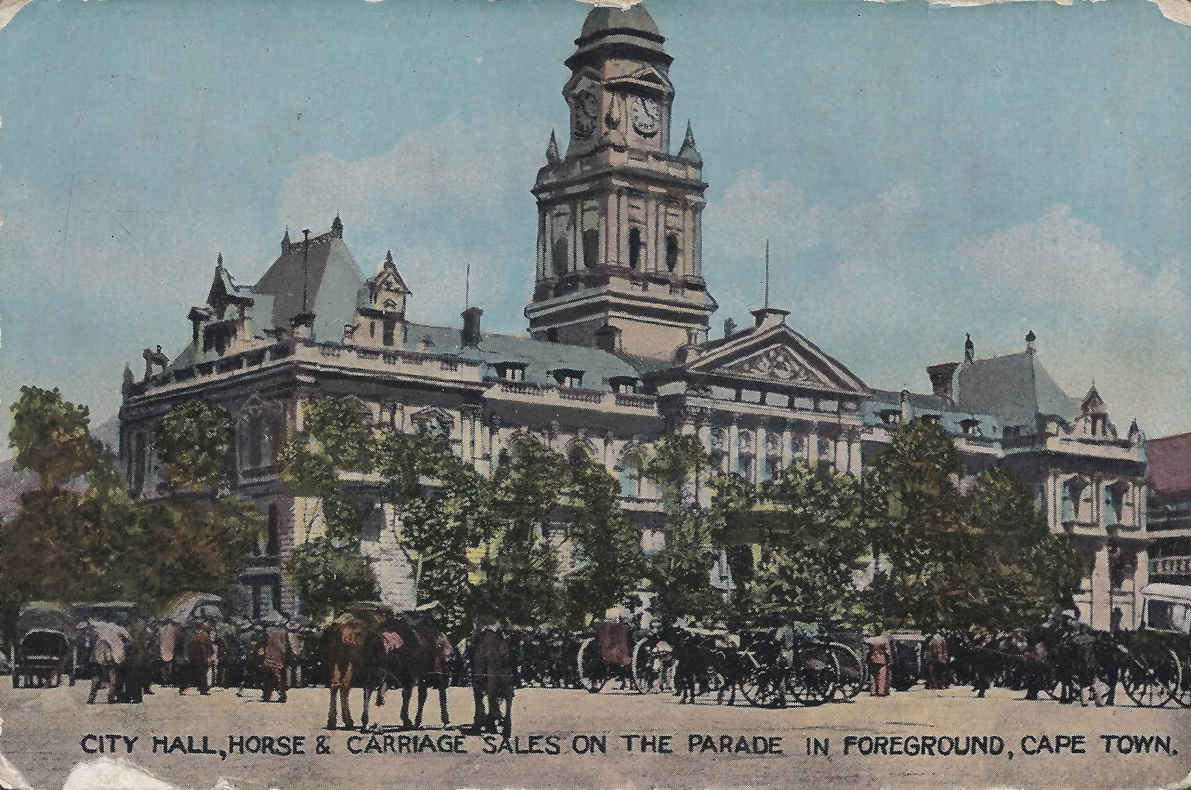 City Hall, Horse and Carraige sales on the Parade in foreground, Cape Town, postal cancellation 1919
