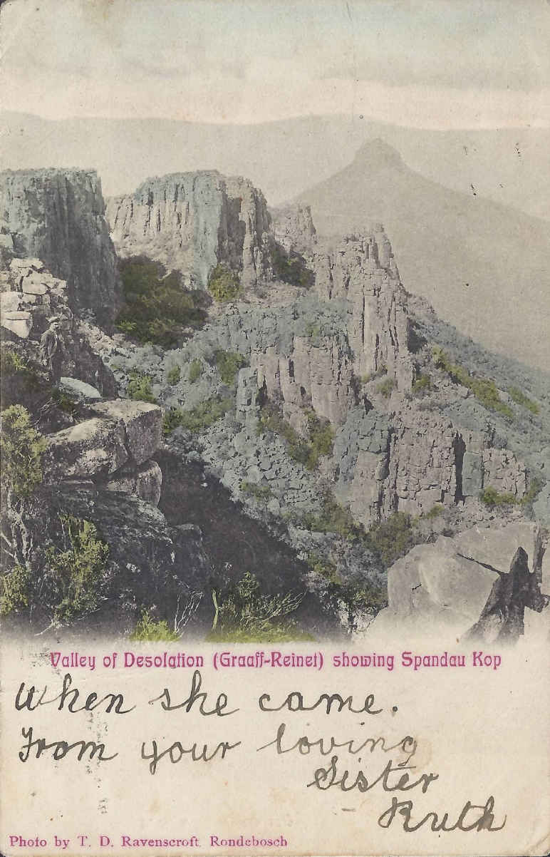 Valley of Desolation (Graaff-Reinet), showing Spandau Kop, postal cancellation 1904